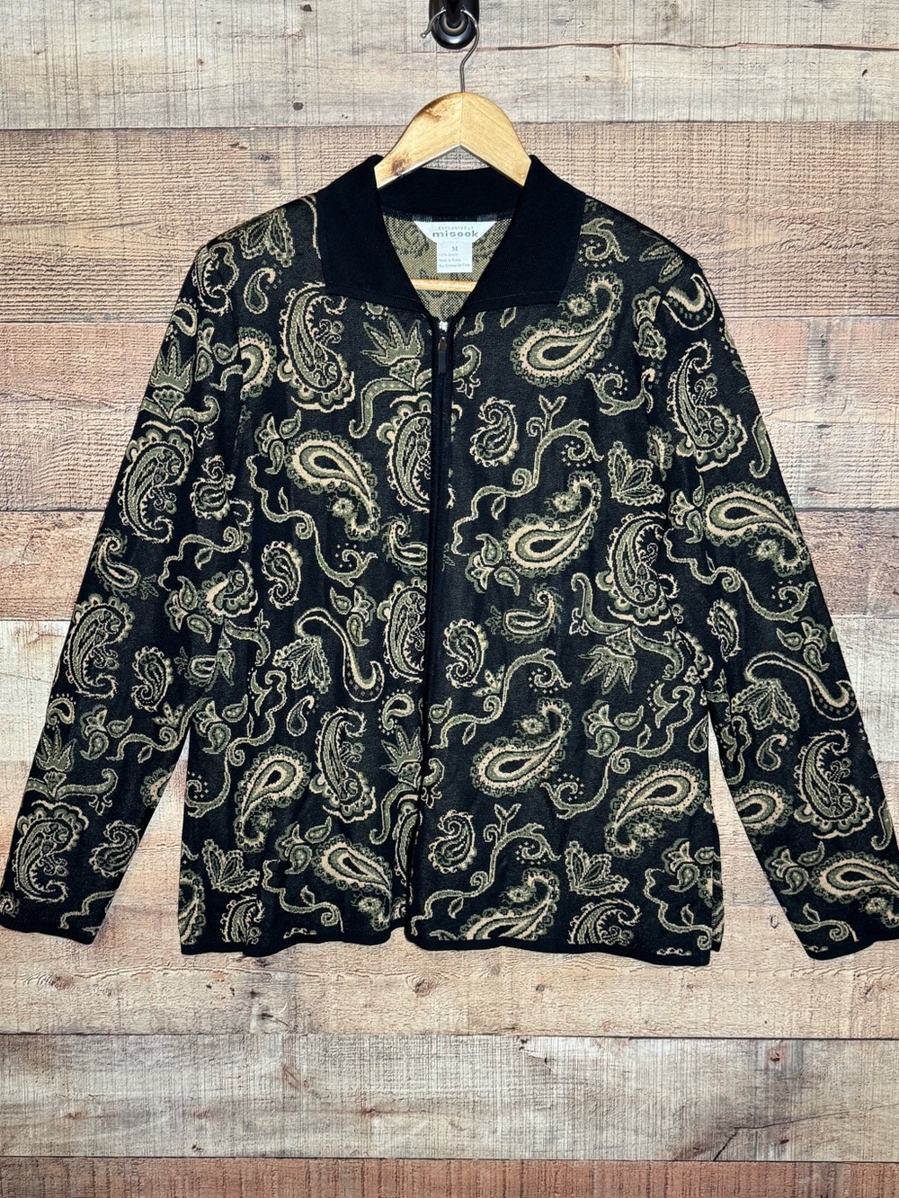 Vintage Exclusively Misook Black Tan Green Paisley Full Zip Cardigan size Medium